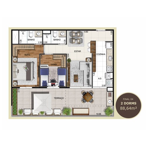 Planta 2 dorms 88,64 m²
