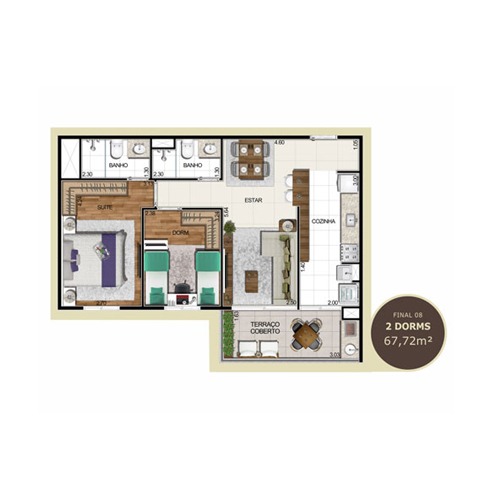 Planta 2 dorms 67,72 m²