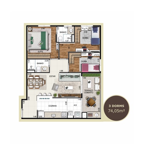 Planta 3 dorms 74,05 m²